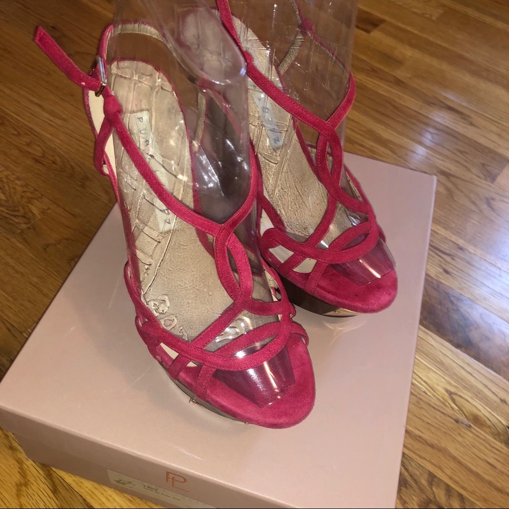 Pura Lopez Red Suede Sandal 37/ 6.5 Platform Wedge